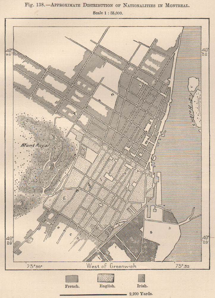 Approximate distribution of Nationalities in Montreal. Canada 1885 old map