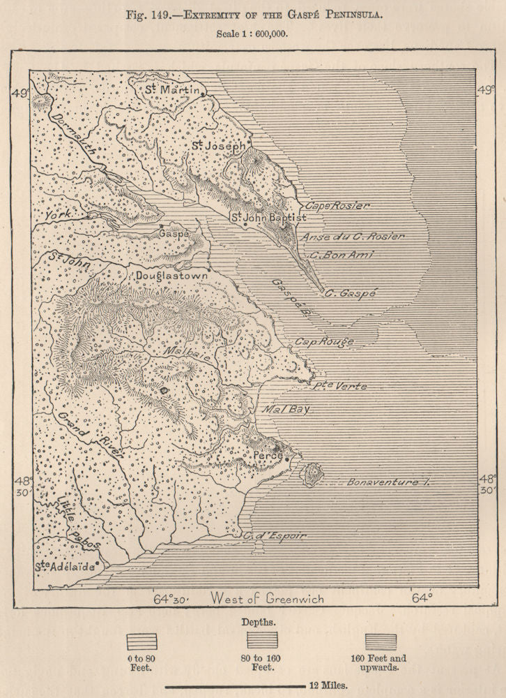 Extremity of the Gaspé Peninsula. Canada 1885 old antique map plan chart