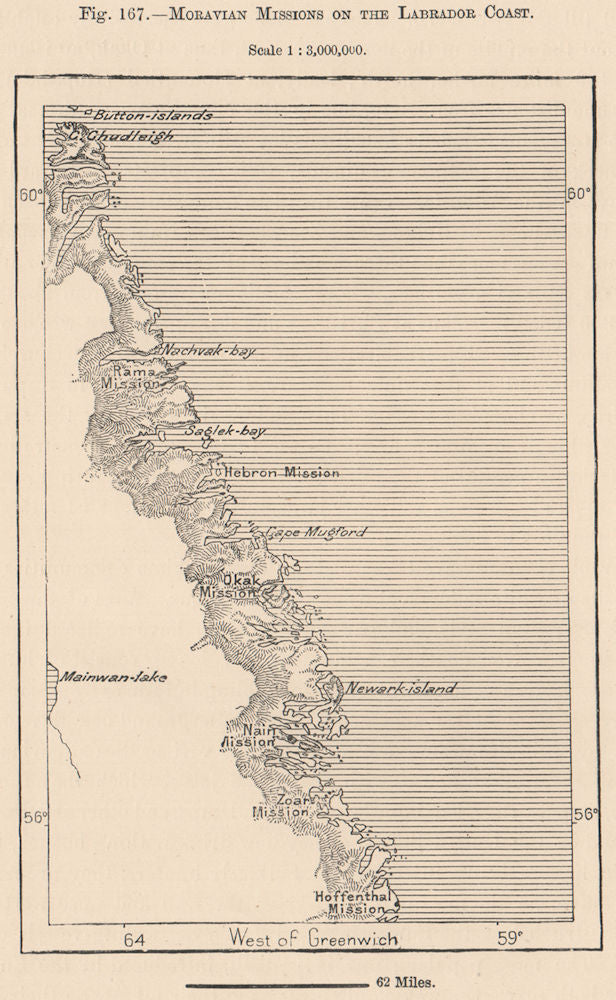 Moravian Church missions of the Labrador Coast. Canada 1885 old antique map