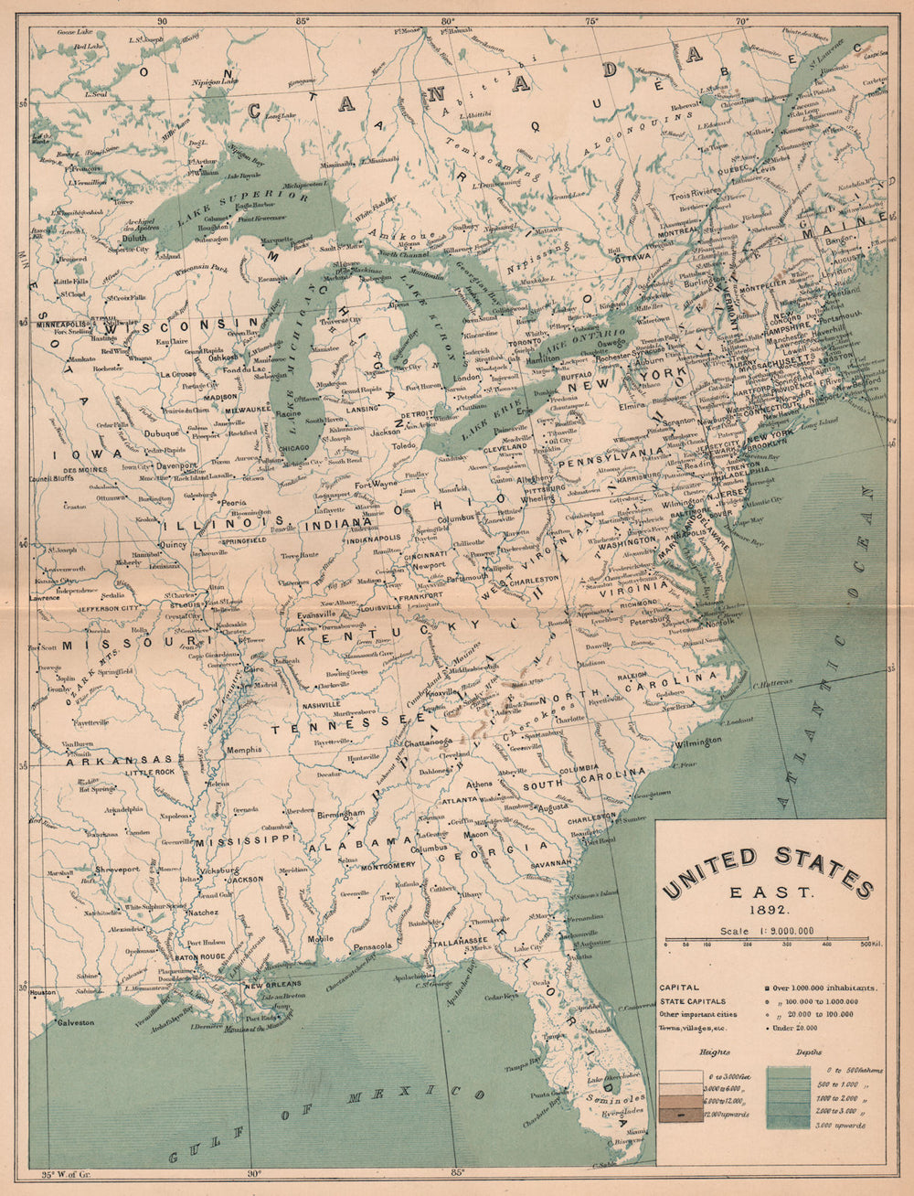 United States East 1892. USA 1885 old antique vintage map plan chart