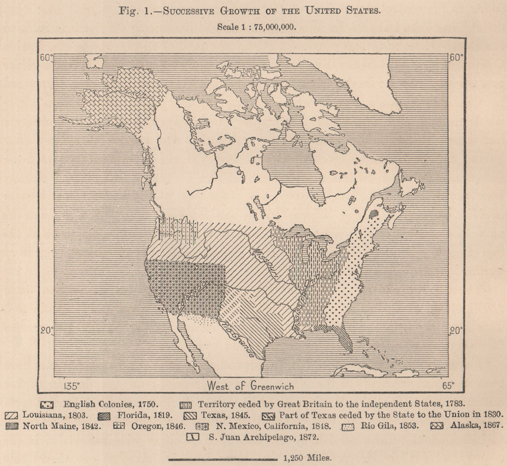 Successive growth of the United States. USA 1885 old antique map plan chart