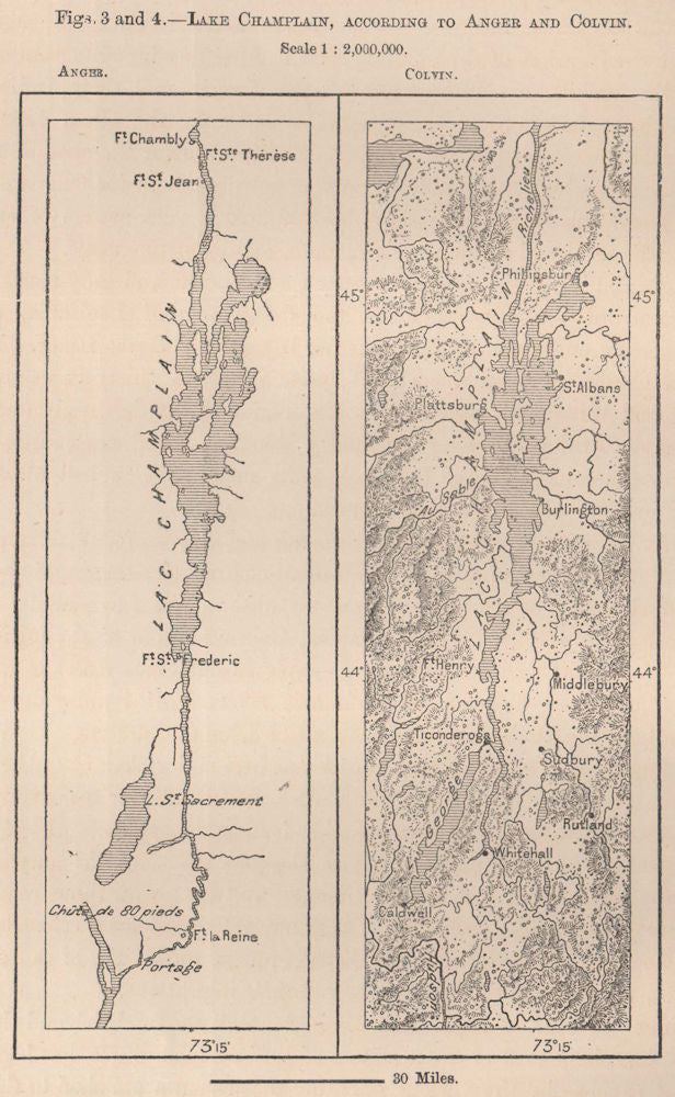 Lake Champlain, according to Anger and Colvin. USA 1885 old antique map chart