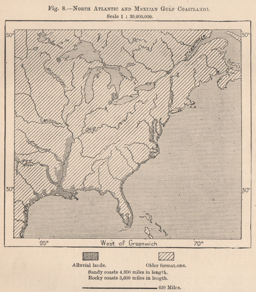 North Atlantic and Gulf of Mexico Coastland. USA 1885 old antique map chart