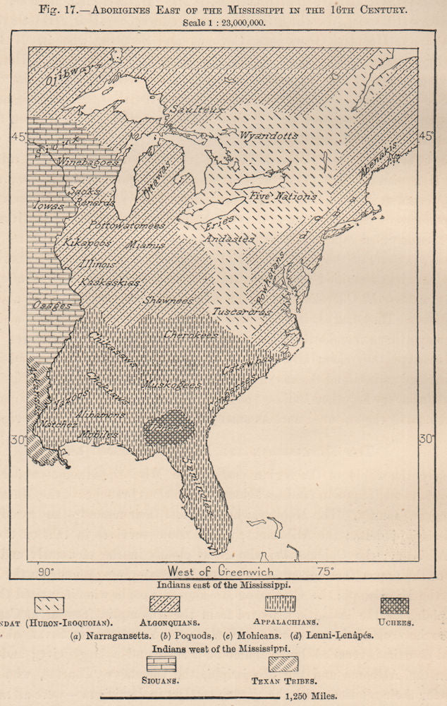 Native Americans East of the Mississippi in the 16th Century. USA 1885 old map
