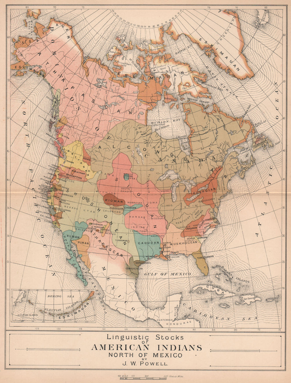 Linguistic Stocks of Native American Indians. North America 1885 old map