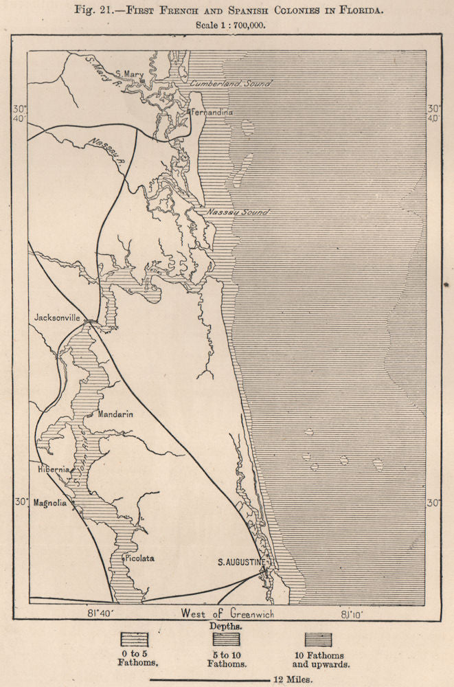 First French and Spanish Colonies in Florida. St Augustine 1885 old map