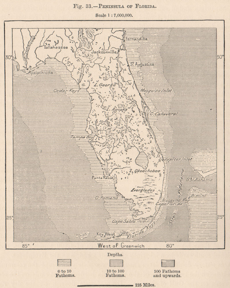 Peninsula of Florida 1885 old antique vintage map plan chart