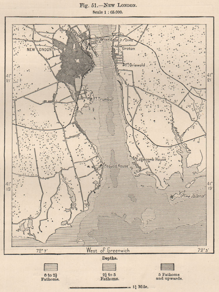 New London. Connecticut 1885 old antique vintage map plan chart