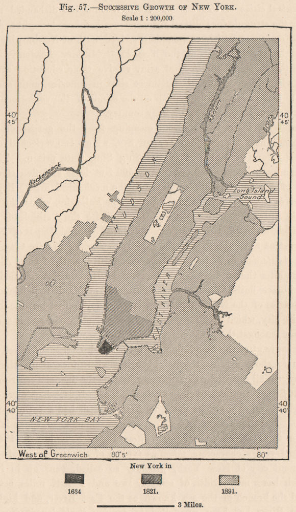 Successive growth of New York 1885 old antique vintage map plan chart