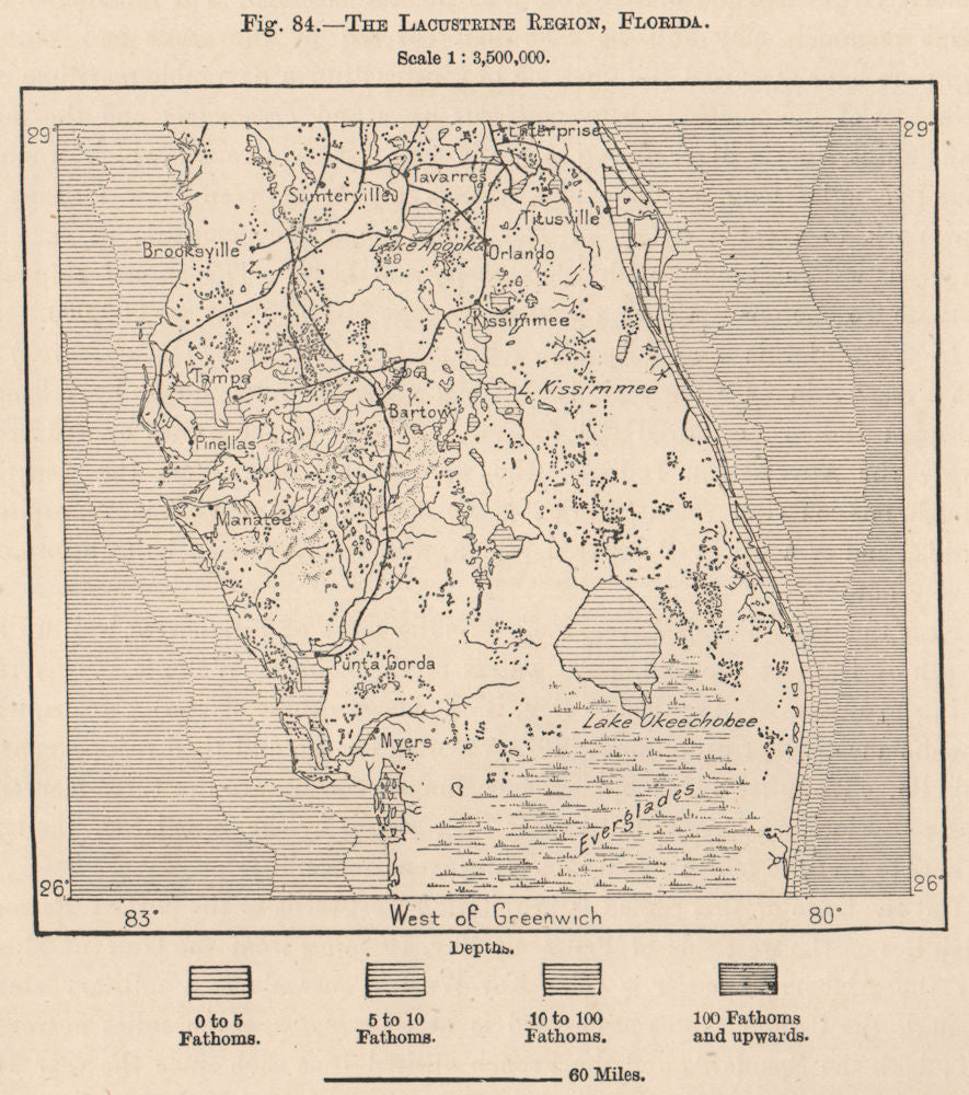 The Lacustrine region, Florida. Everglades 1885 old antique map plan chart