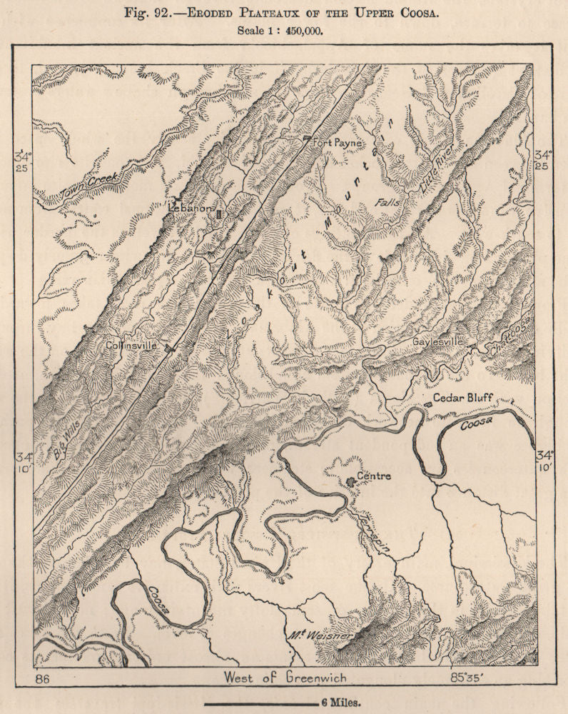 Eroded Plateaux of the upper Coosa. Alabama 1885 old antique map plan chart