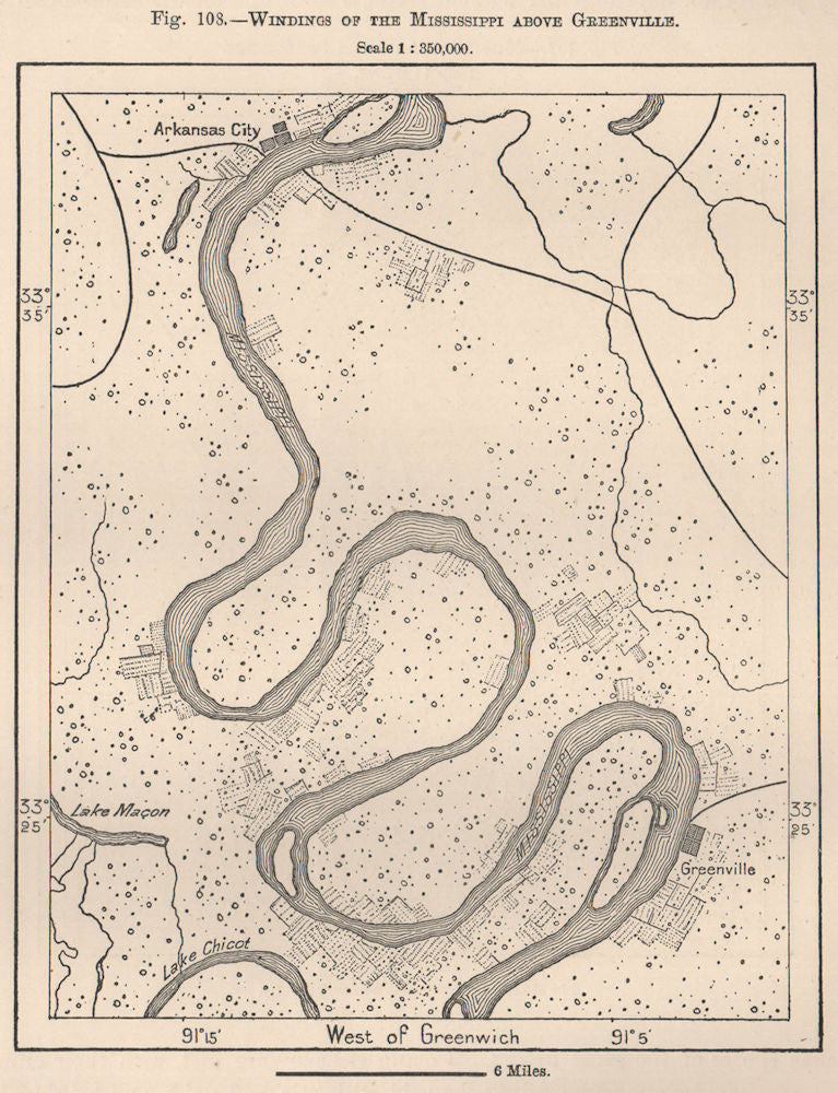 Windings of the Mississippi above Greenville 1885 old antique map plan chart