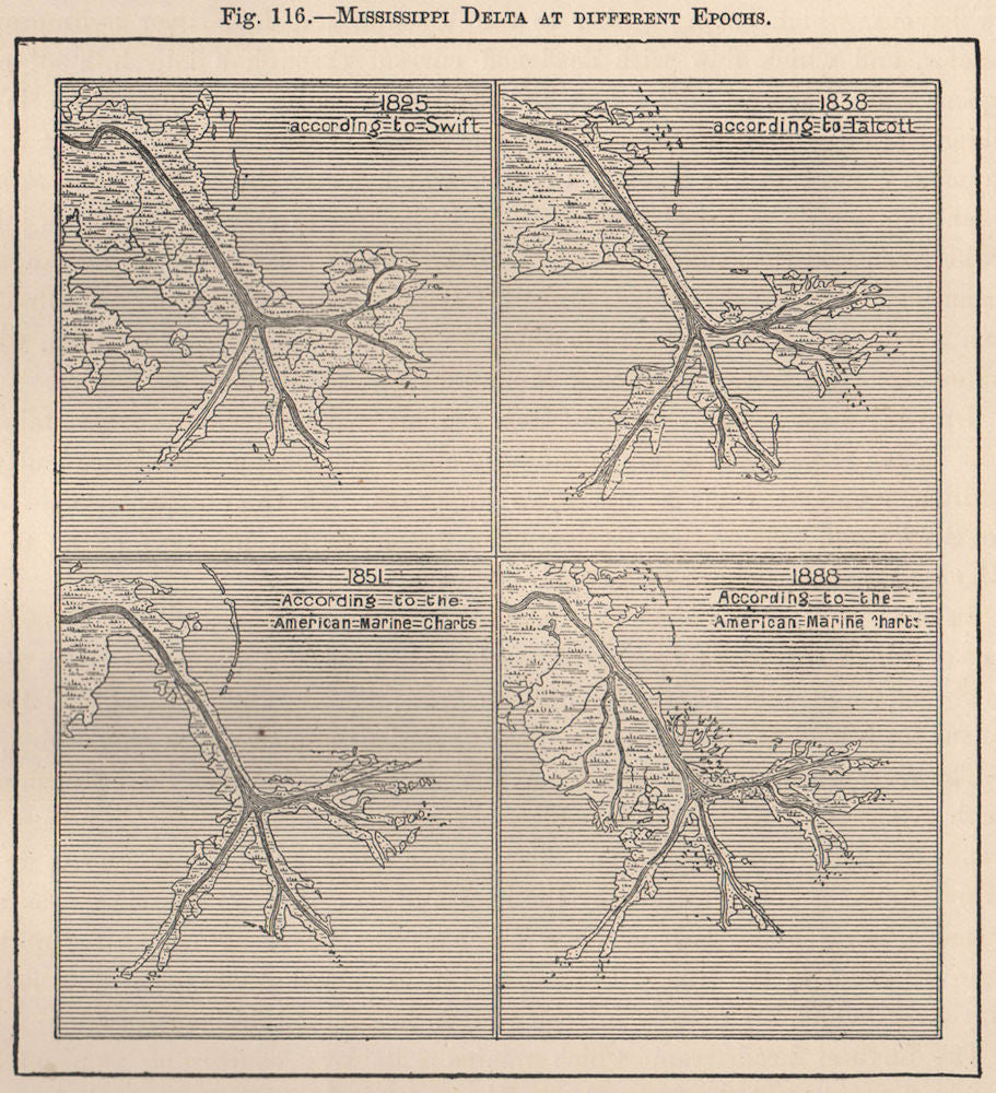 Mississippi Delta at different epochs. Louisiana 1885 old antique map chart