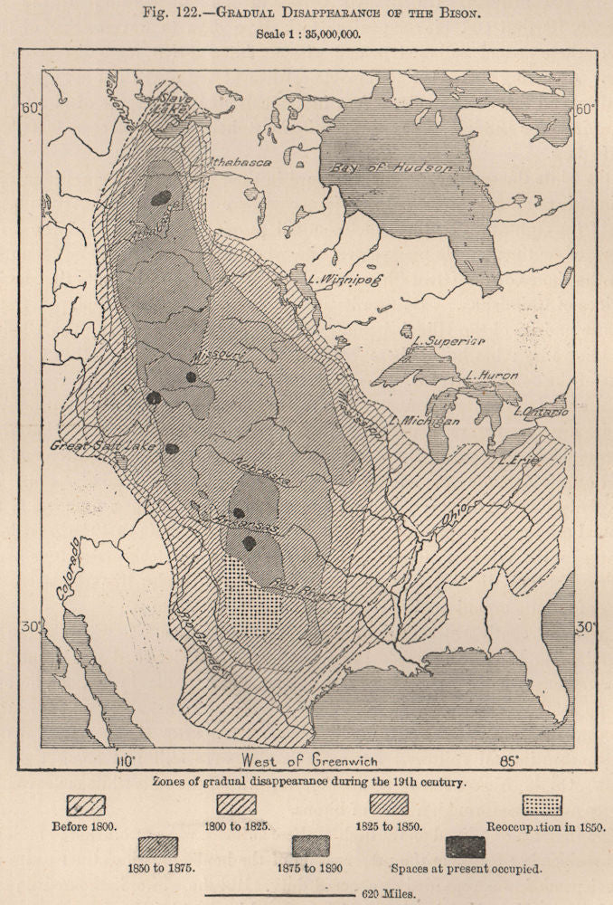 Gradual disappearance of the Bison. USA 1885 old antique map plan chart