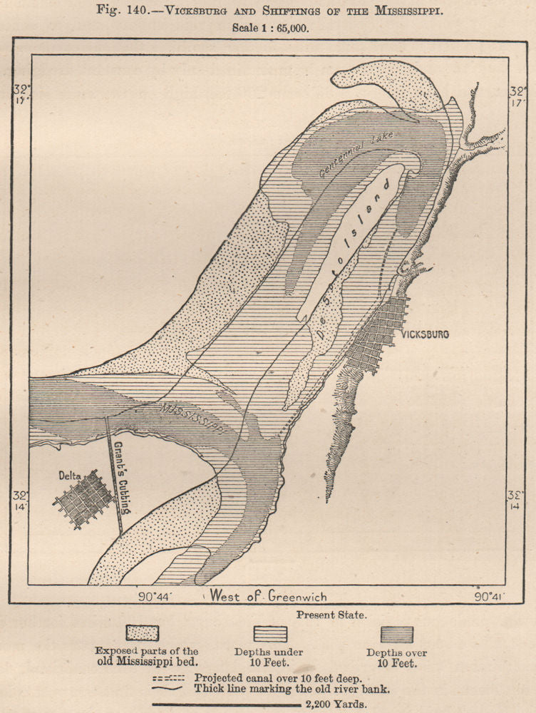 Vicksburg and shiftings of the Mississippi 1885 old antique map plan chart