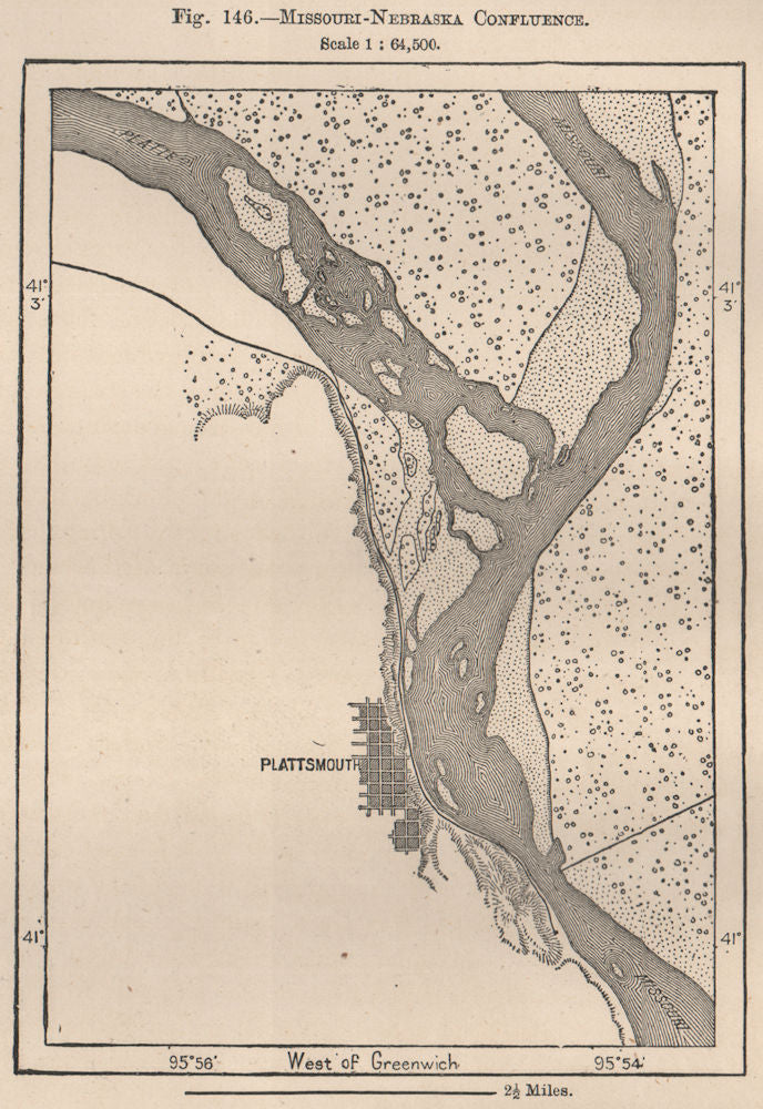 Missouri-Nebraska confluence 1885 old antique vintage map plan chart