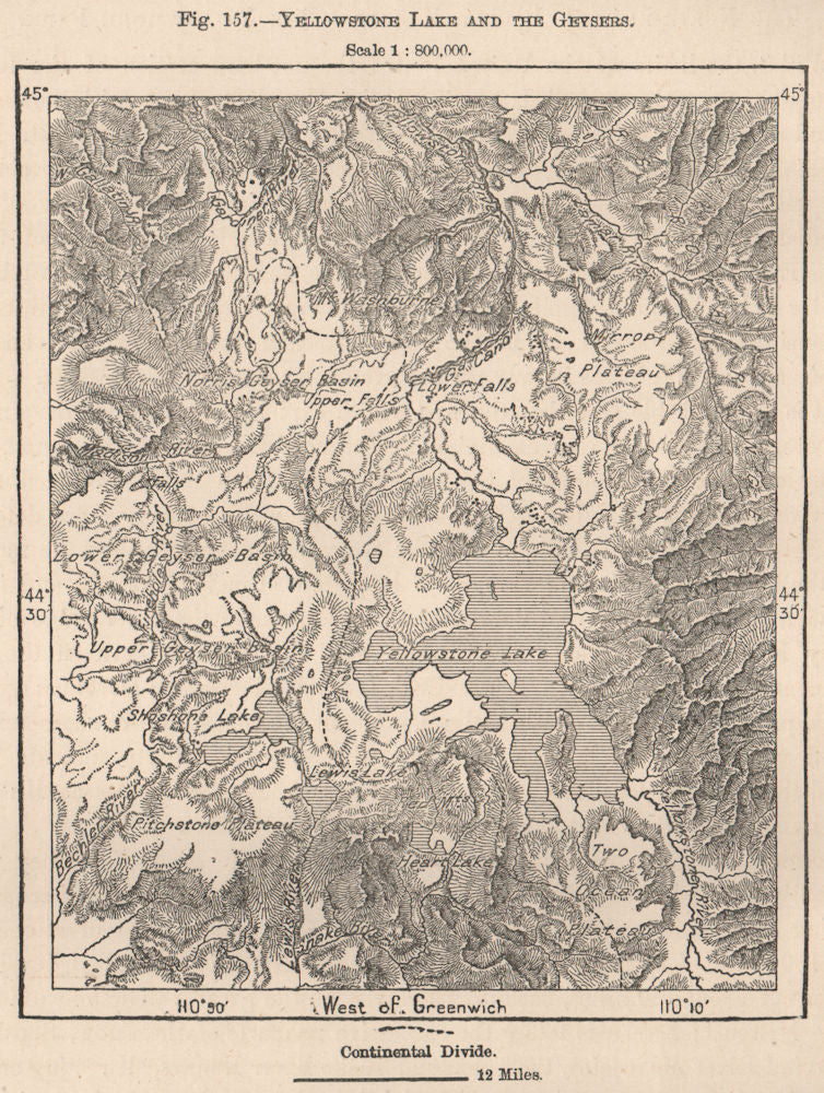 Yellowstone Lake and the Geysers. Wyoming 1885 old antique map plan chart
