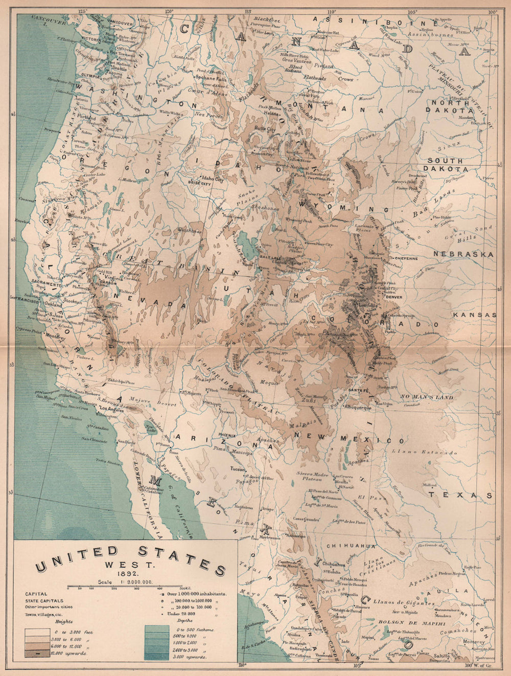 United States West. 1892. USA 1885 old antique vintage map plan chart