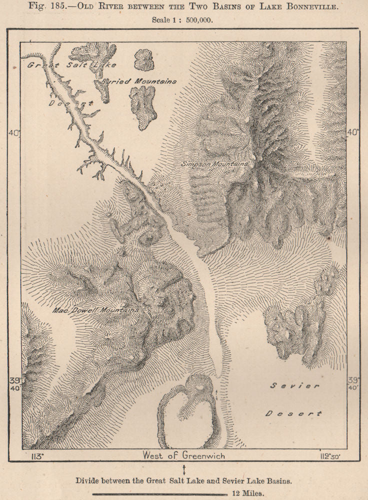 Old River between the two Basins of Lake Bonneville. Utah 1885 antique map