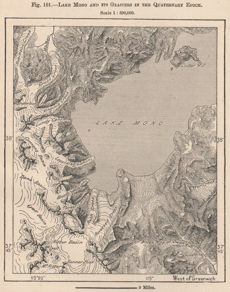 Lake Mono and its Glaciers in the Quaternary Epoch. California 1885 old map
