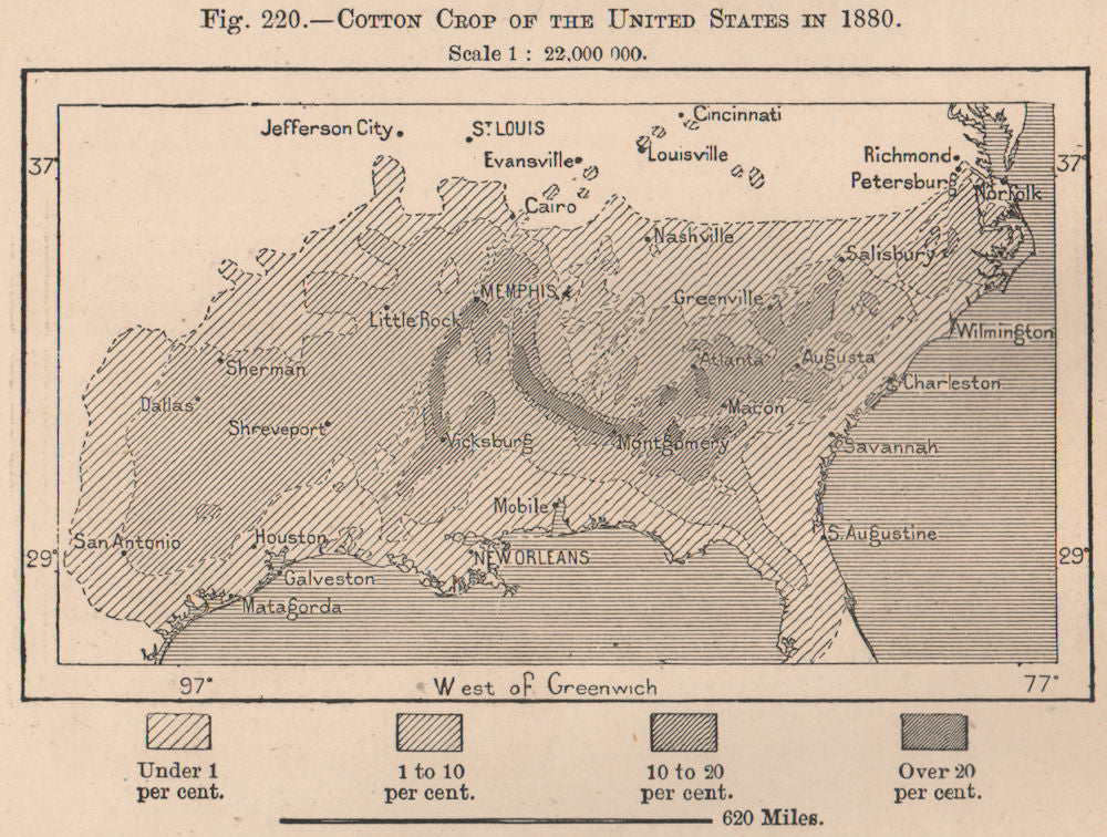 Cutton Map Cotton crop of the United States in 1880. USA 1885 old antique map plan ...