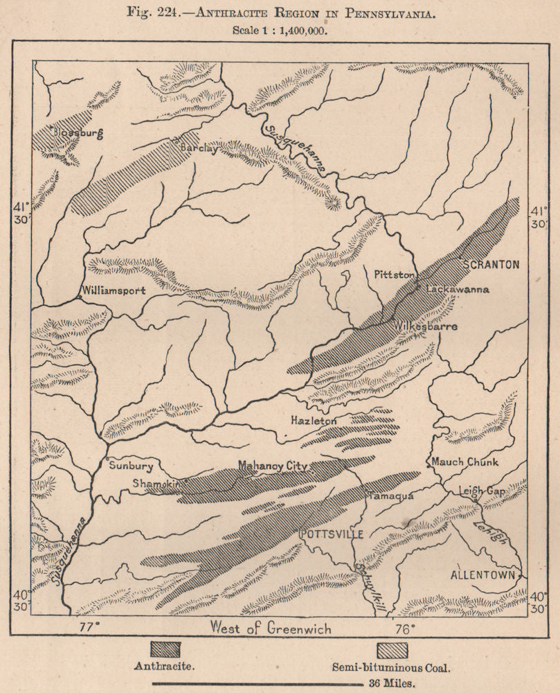 Anthracite region in Pennsylvania. United States 1885 old antique map chart