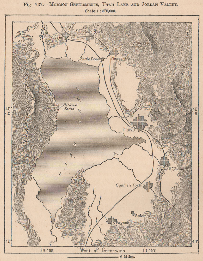 Mormon settlements, Utah Lake and Jordan Valley. United States 1885 old map