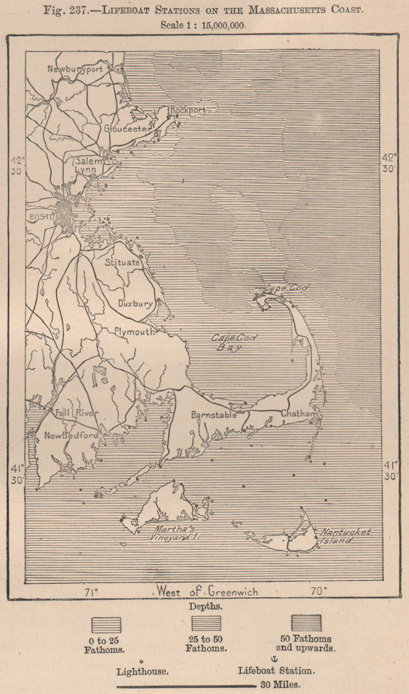 Lifeboat Stations of the Massachusetts Coast. United States 1885 old map