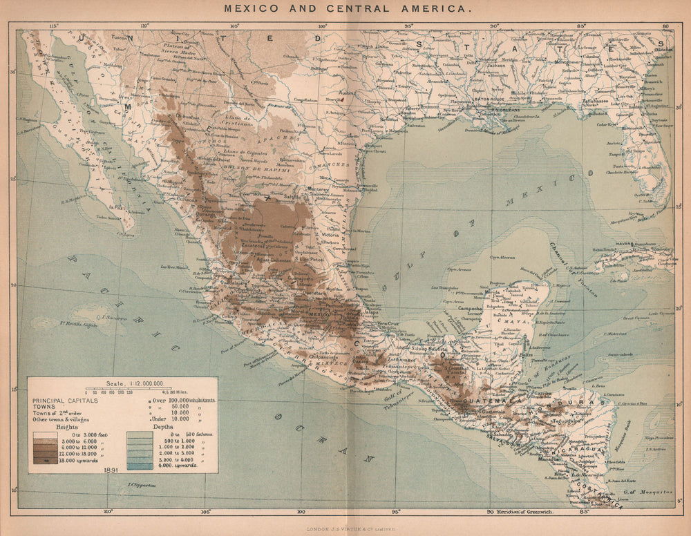 Mexico and Central America 1885 old antique vintage map plan chart