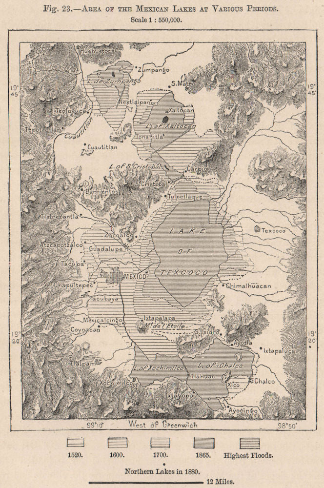 Area of the Mexican Lakes at various periods. Mexico 1885 old antique map