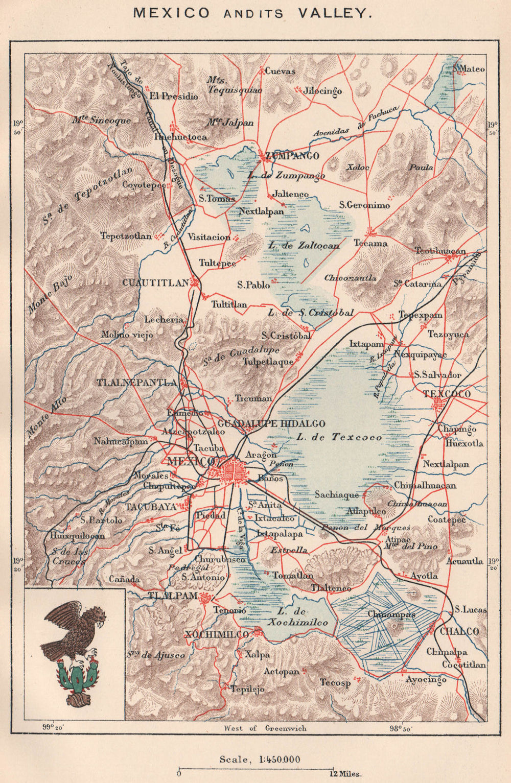 Mexico City and its valley 1885 old antique vintage map plan chart