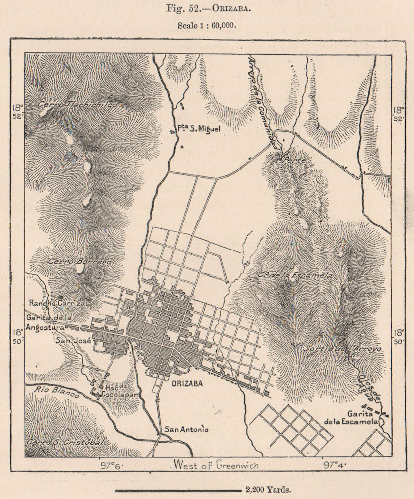 Orizaba. Veracruz, Mexico 1885 old antique vintage map plan chart