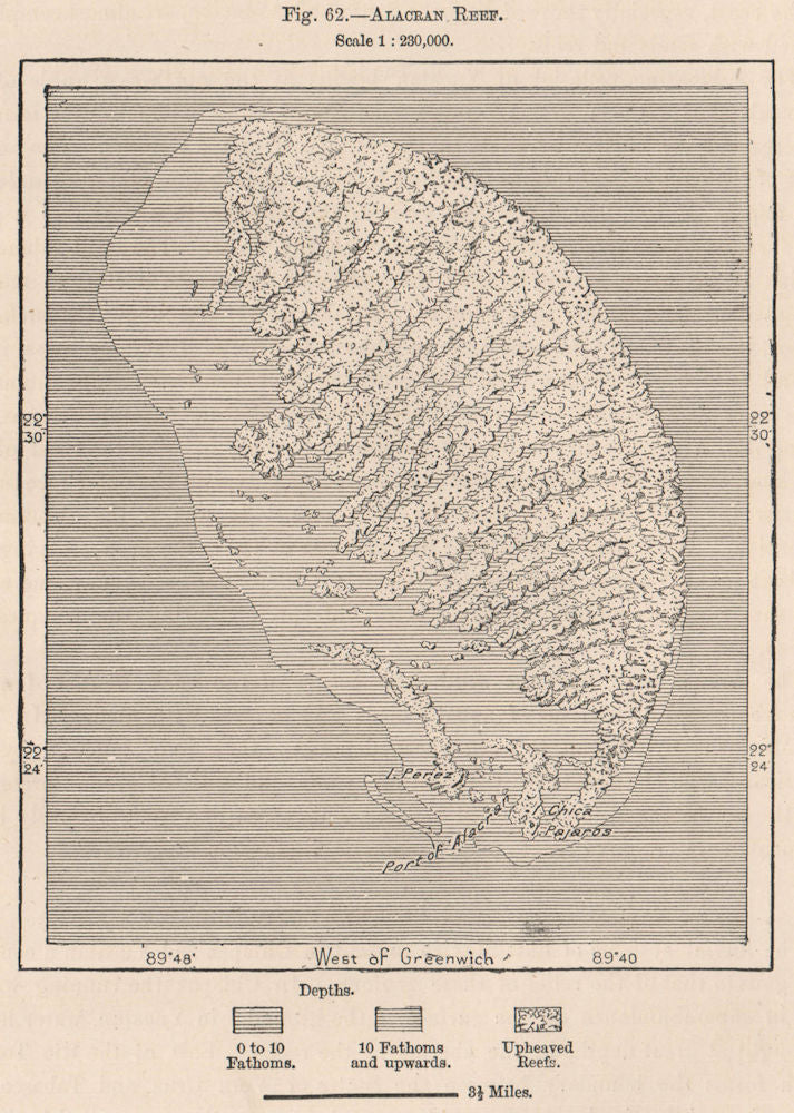 Alacran Reef. Scorpion Reef. Arrecife Alacranes. Yucatan, Mexico 1885 old map