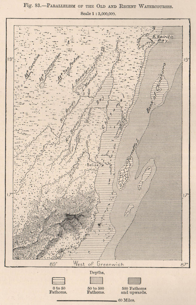 Parallelism of the old & recent Watercourses.Belize.British Honduras 1885 map