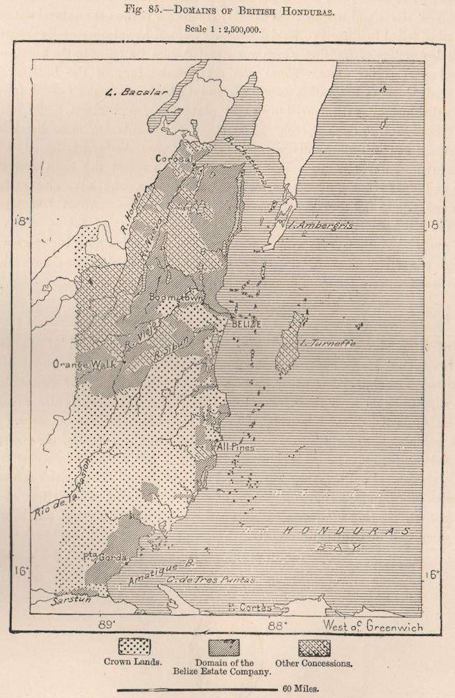 British Honduras Domains. Belize. Crown lands. Belize Estate Company 1885 map