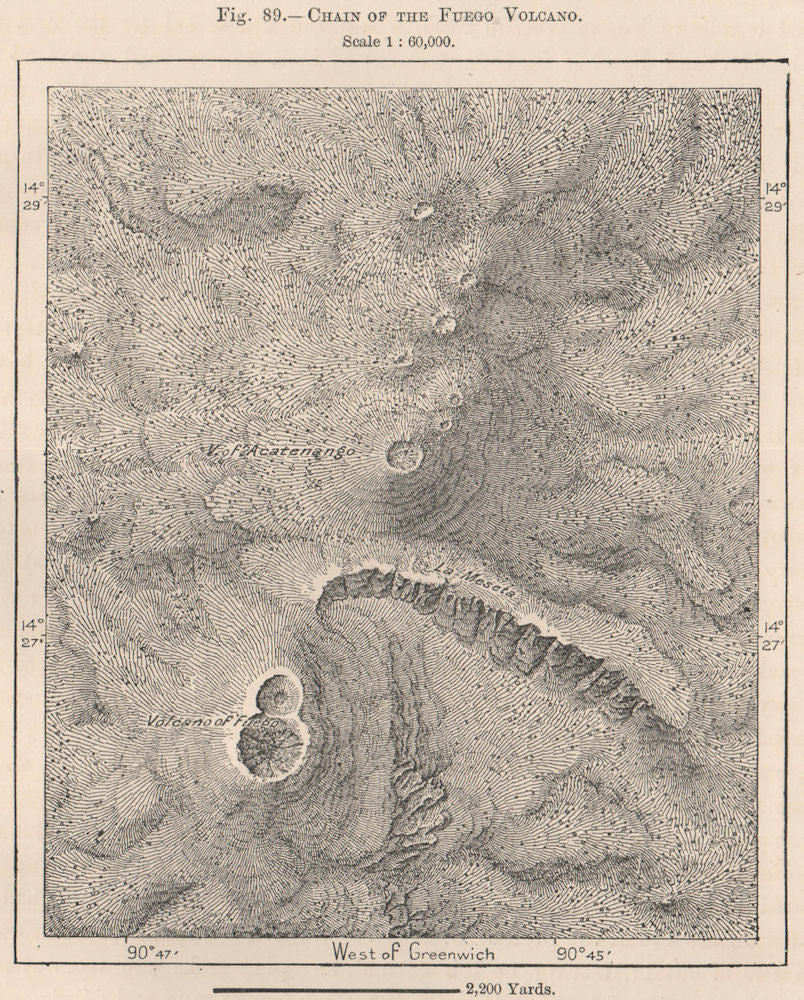 Chain of the Fuego Volcano.Volcán de Fuego.Guatemala.Central America 1885 map