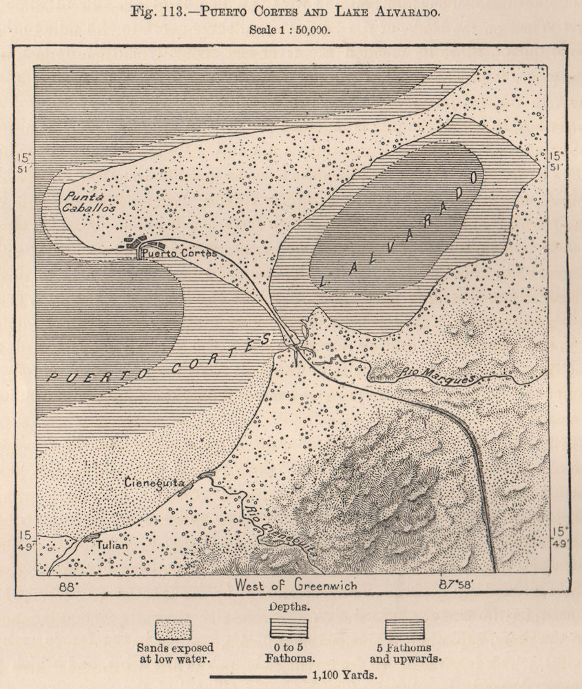 Puerto Cortes & Lake/Laguna de Alvarado. Puerto Cortés. Honduras 1885 old map