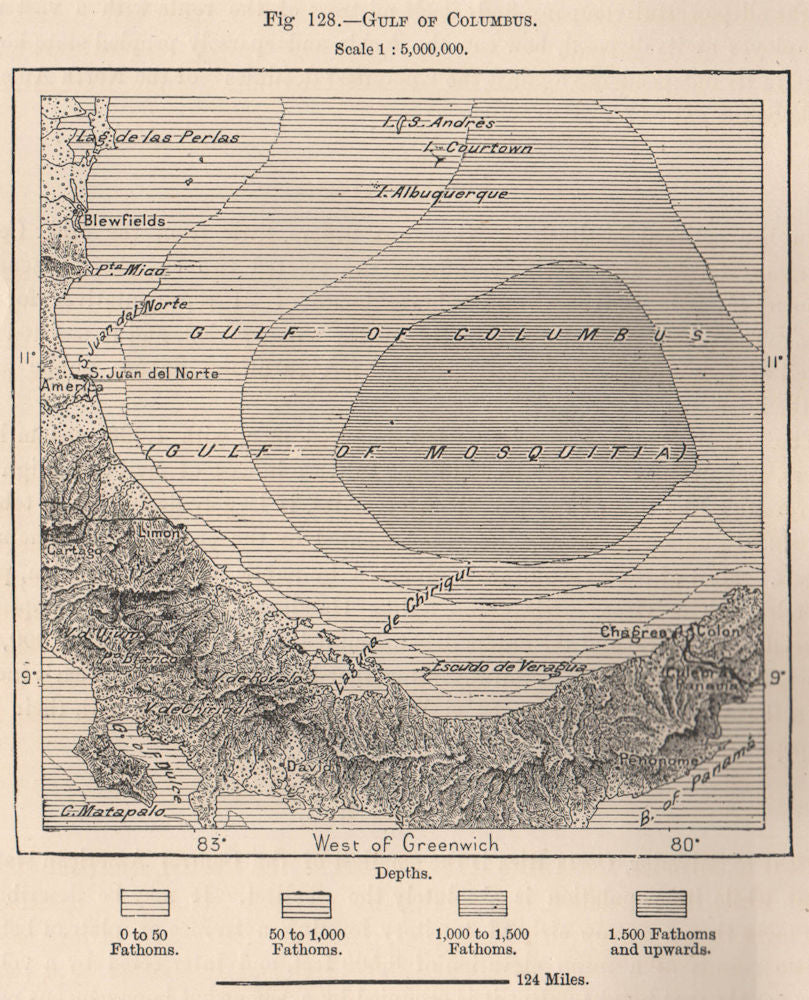 Gulf of Columbus. Golfo de los Mosquitos. Panama Costa Rica 1885 old map