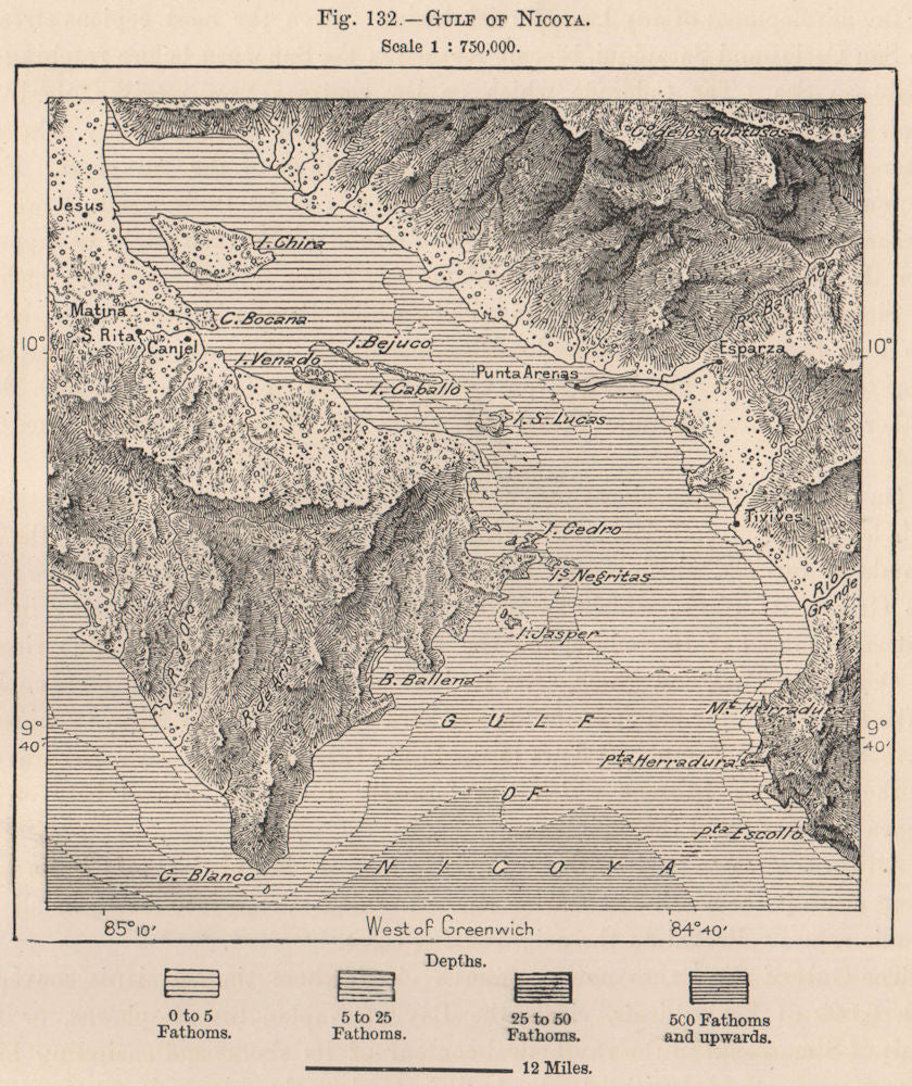 Gulf of Nicoya. Golfo de Nicoya. Costa Rica. Central America 1885 old map