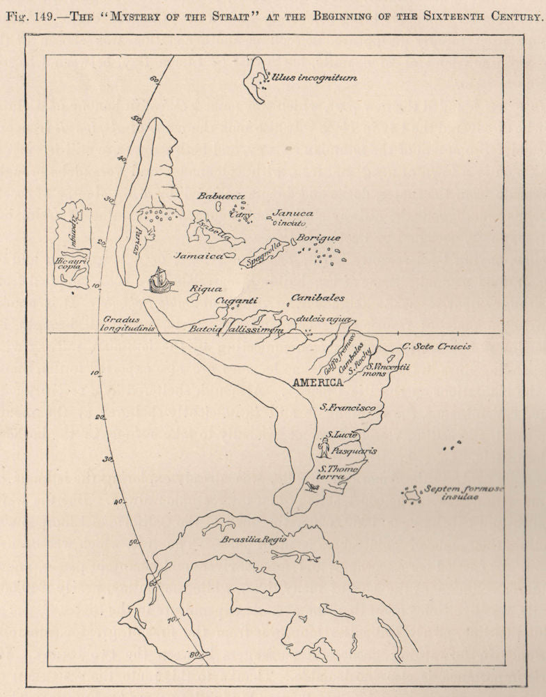 Mystery of the Strait, early 16th century. Early Americas map 1885 old