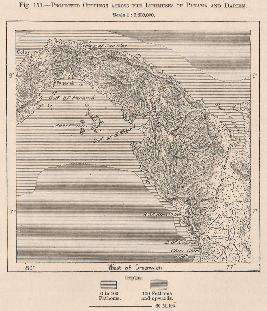 Projected cuttings across the Isthmuses of Panama and Darien 1885 old map