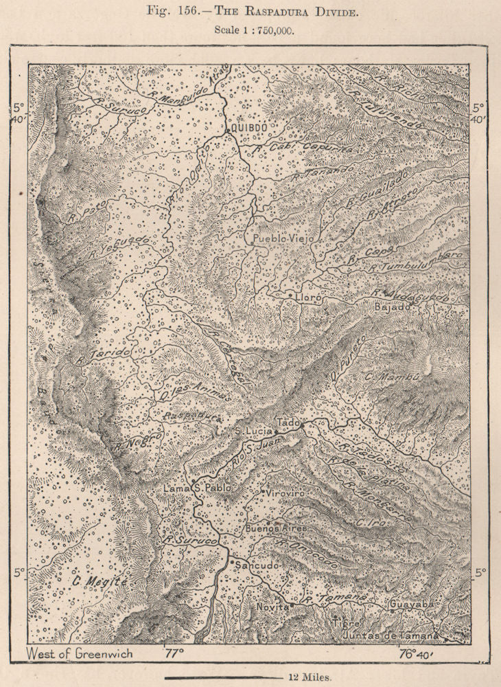 The Raspadura divide. Colombia 1885 old antique vintage map plan chart