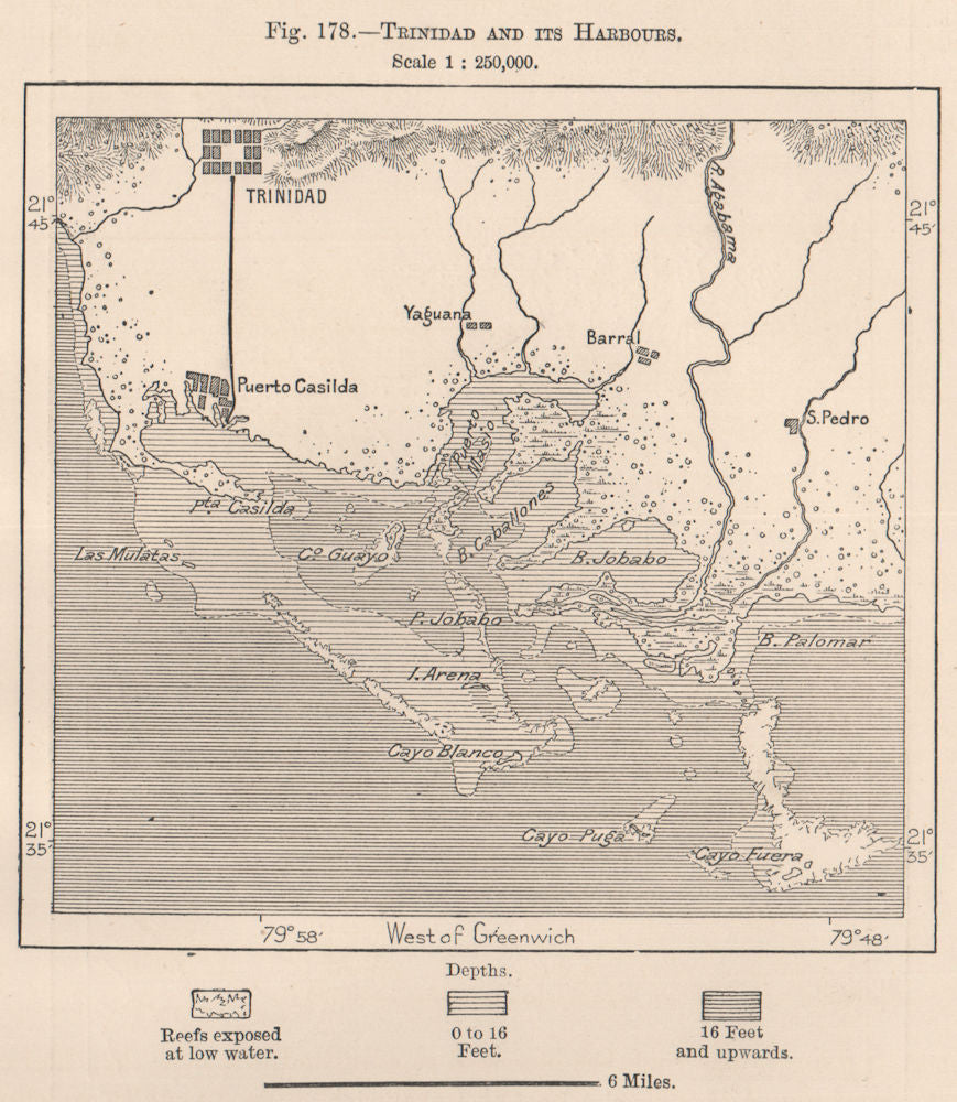 Trinidad and its Harbours. Cuba 1885 old antique vintage map plan chart