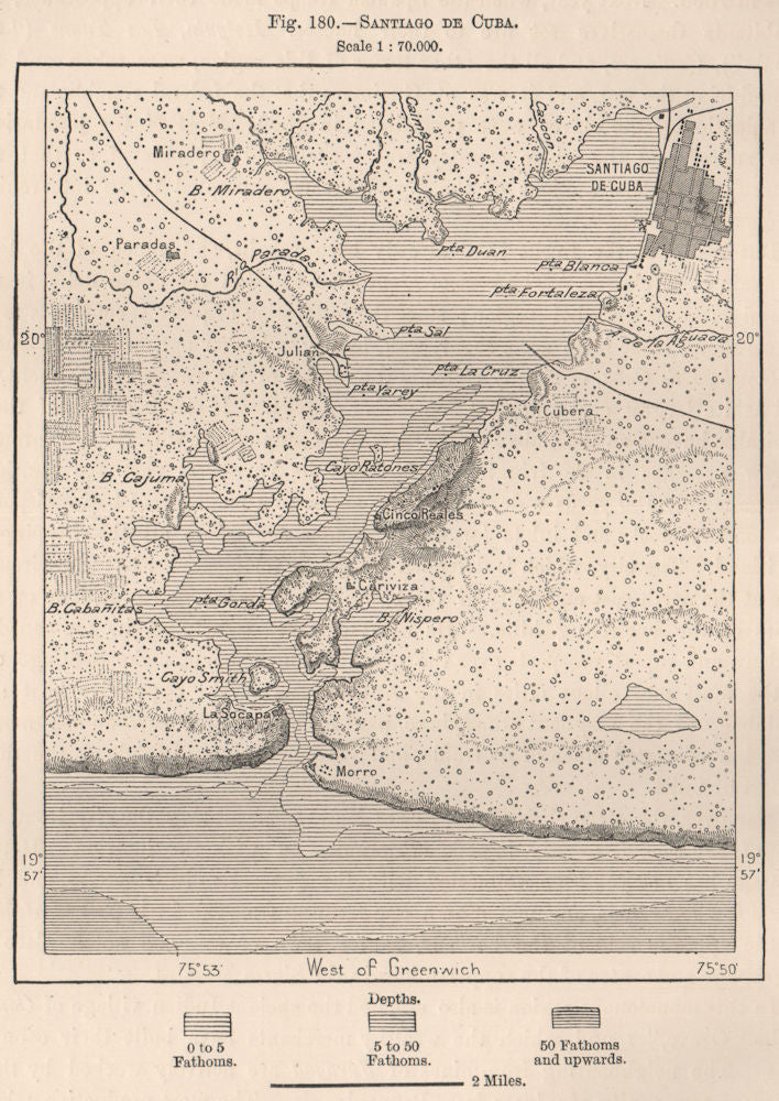 Santiago de Cuba 1885 old antique vintage map plan chart