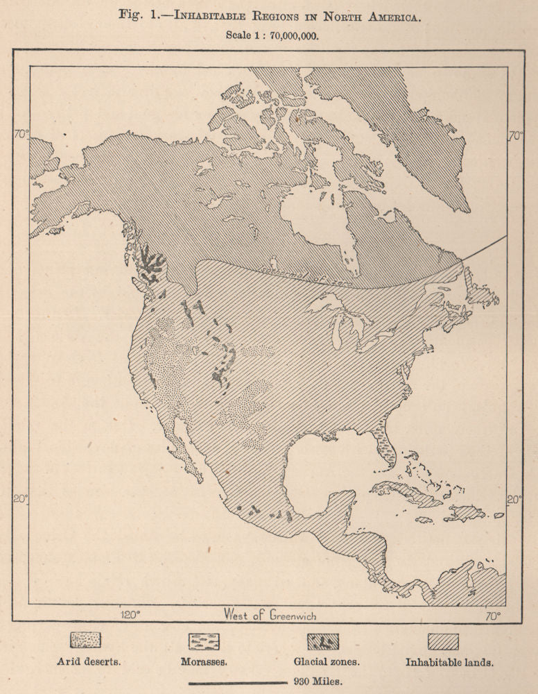 Inhabitable regions in North America 1885 old antique vintage map plan chart