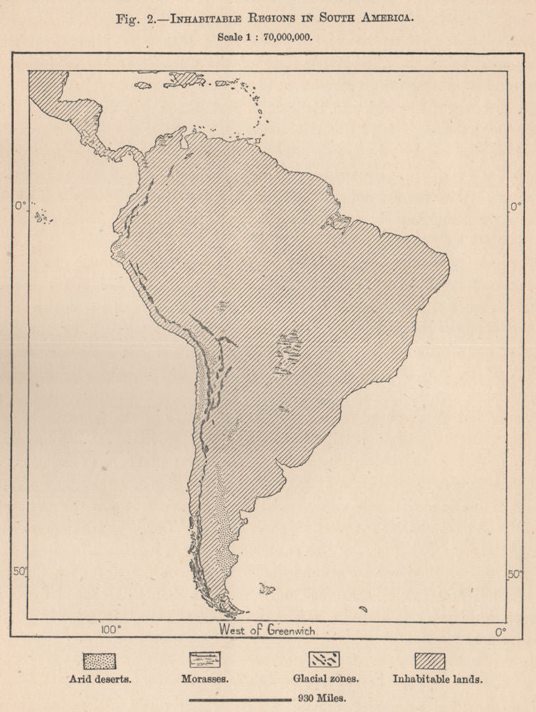 Inhabitable regions in South America 1885 old antique vintage map plan chart