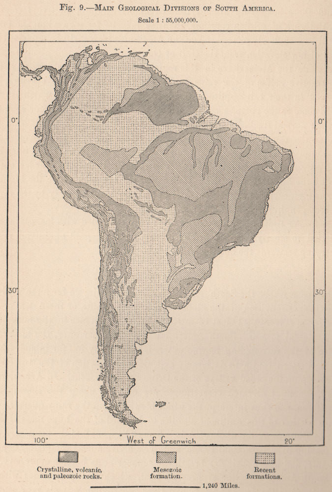 Main Geological divisions of South America 1885 old antique map plan chart