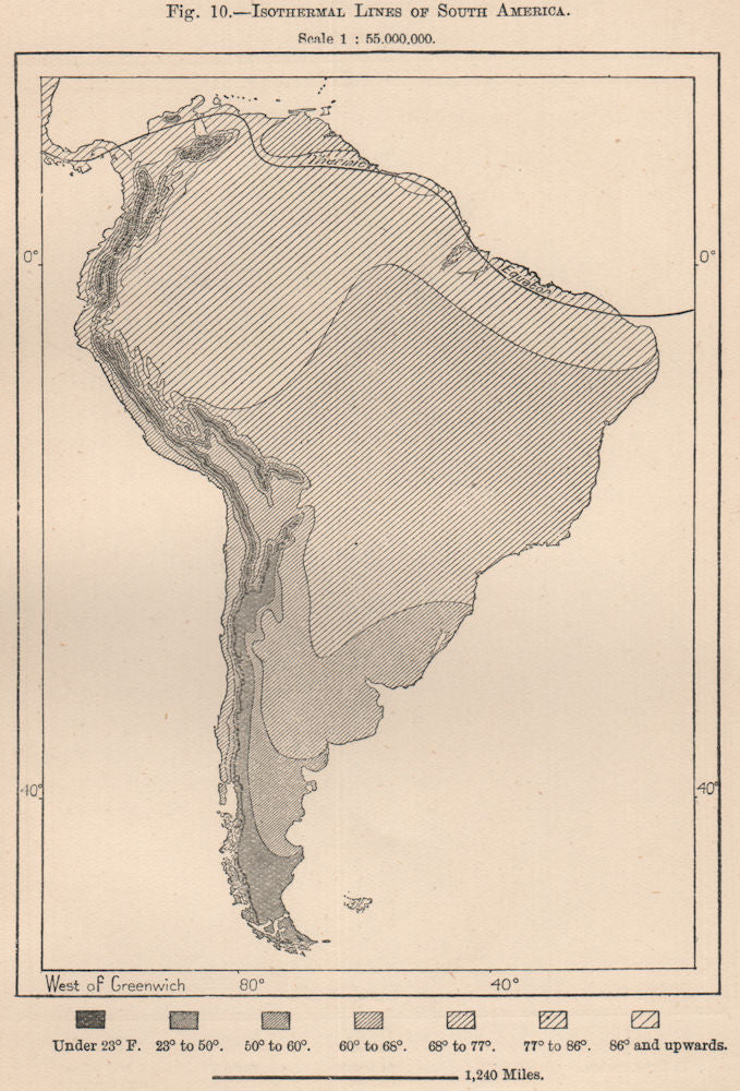 Isothermal lines of South America 1885 old antique vintage map plan chart