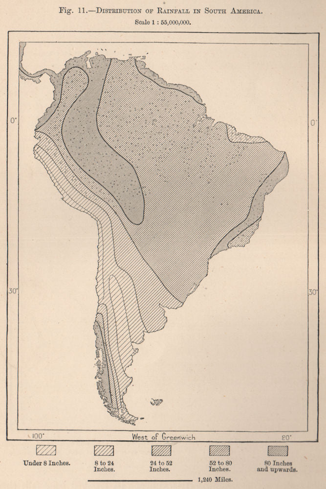 Distribution of Rainfall in South America 1885 old antique map plan chart