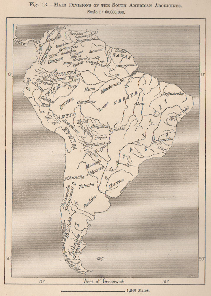 Main divisions of the South American Aborigines 1885 old antique map chart